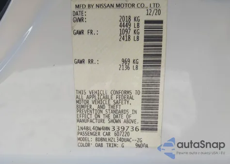 2021 Nissan Altima Sv Intelligent Awd из США, поврежденный, VIN 1N4BL4DW4MN339736